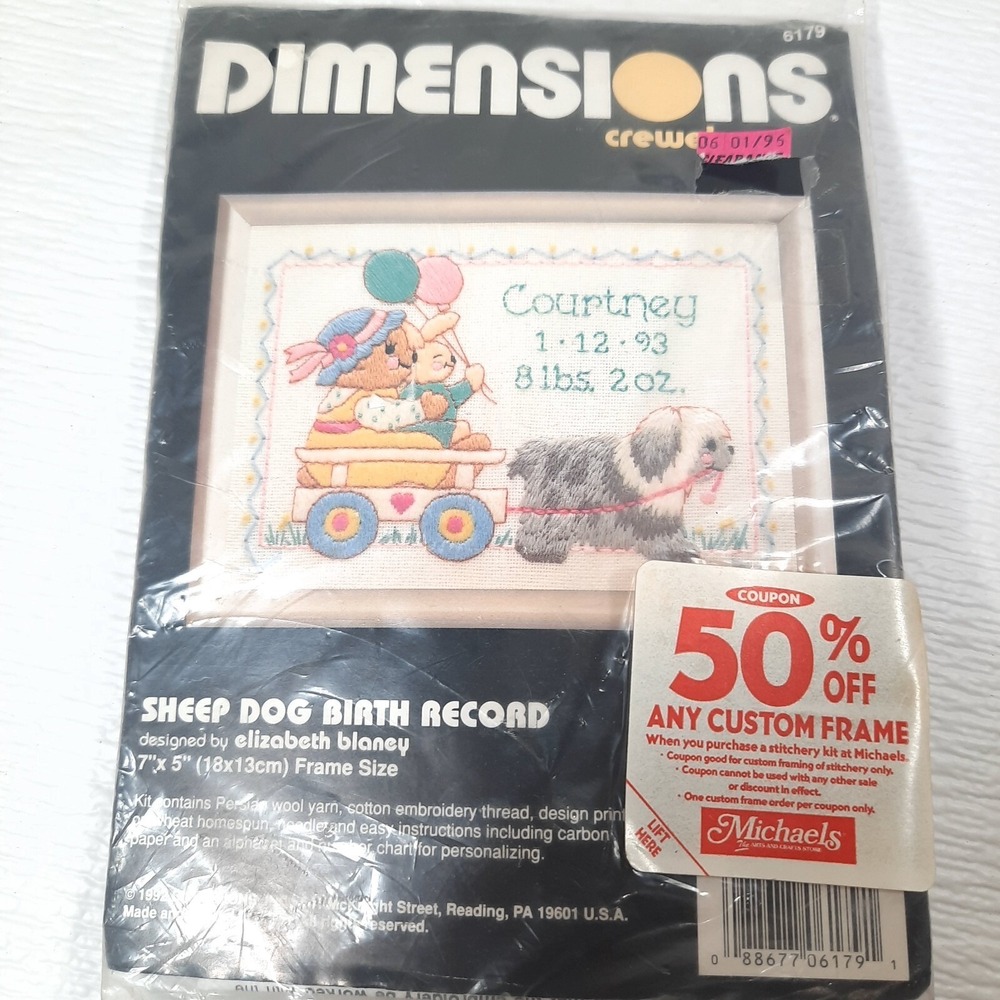NEW Dimensions Crewel Kit Sheepdog Birth Record #6179 bear bunny wagon Vintage